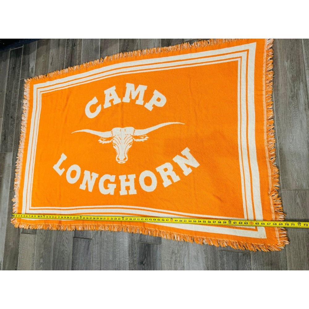 Camp Longhorn Longhorn Logo Woven Fringe Blanket Throw Orange 46x70 Texas Retro - Picture 4 of 8